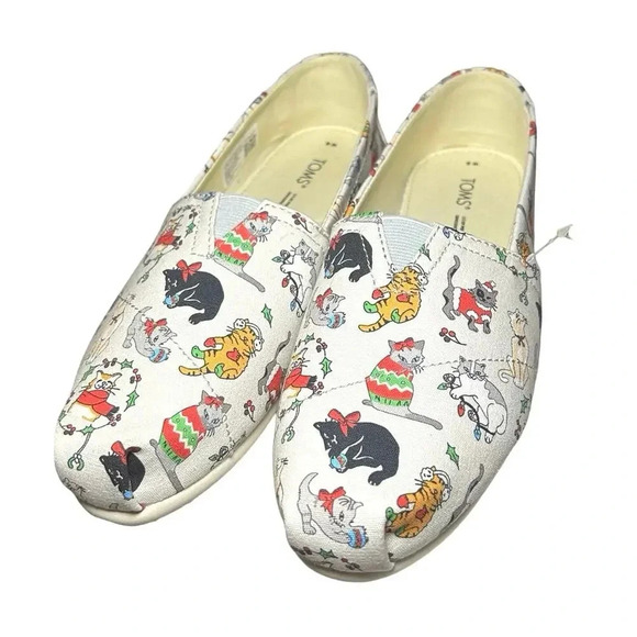 NWT TOMS Women’s Belmont Holiday Cats Slip On Shoes Light Gray Size 8 - Picture 1 of 10